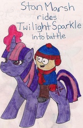 Size: 781x1201 | Tagged: safe, artist:bowlingfordisco, twilight sparkle, pony, g4, aura, crossover, duo, magic, male, riding, south park, stan marsh, traditional art