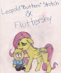 Size: 1062x1264 | Tagged: safe, artist:bowlingfordisco, fluttershy, pony, g4, butters, crossover, duo, flutterbutters, male, south park, traditional art