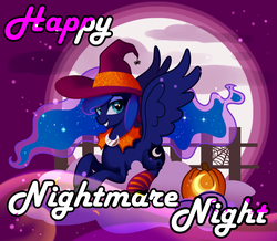 Size: 1721x1501 | Tagged: safe, artist:lulukana, princess luna, spider, g4, clothes, costume, female, hat, jack-o-lantern, nightmare night, nightmare night costume, pumpkin, socks, solo, spider web, striped socks, witch hat