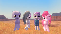 Size: 1280x720 | Tagged: safe, artist:fullmoonrose7, limestone pie, marble pie, maud pie, pinkie pie, g4, 3d, gmod, looking at you, pie sisters, smiling, wink