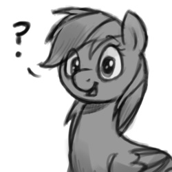 Size: 500x500 | Tagged: safe, artist:selenophile, rainbow dash, g4, confused, cute, female, looking at you, monochrome, open mouth, question mark, sketch, smiling, solo