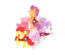 Size: 7000x6000 | Tagged: safe, artist:natsu714, apple bloom, scootaloo, sweetie belle, earth pony, pegasus, pony, unicorn, crusaders of the lost mark, g4, absurd resolution, apple bloom's bow, bow, cape, clothes, cmc cape, cute, cutie mark, cutie mark crusaders, eyes closed, female, filly, foal, hair bow, jumping, looking back, open mouth, open smile, simple background, smiling, spread wings, the cmc's cutie marks, transparent background, wings