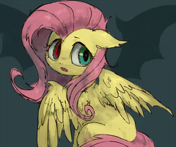 Size: 660x551 | Tagged: safe, artist:kei05, fluttershy, bat pony, pony, g4, cute, duality, female, flutterbat, heterochromia, looking back, mare, open mouth, race swap, shyabates, shyabetes, solo, vamp out