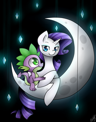Size: 2480x3153 | Tagged: safe, artist:jadekettu, rarity, spike, g4, crescent moon, cute, female, high res, male, moon, ship:sparity, shipping, straight, tangible heavenly object, transparent moon