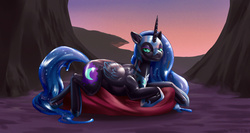 Size: 1741x924 | Tagged: safe, artist:trunchbull, nightmare moon, alicorn, pony, g4, armor, cushion, cutie mark, dusk, female, horn, latex, looking at you, lying down, prone, solo, wings