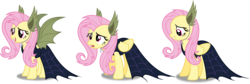 Size: 10893x3676 | Tagged: safe, artist:8-notes, fluttershy, pegasus, pony, g4, scare master, absurd resolution, bat ears, cape, clothes, costume, fake flutterbat, female, flutterbat costume, nightmare night, nightmare night costume, open mouth, ponyscape, profile, sad, simple background, solo, transparent background, vector