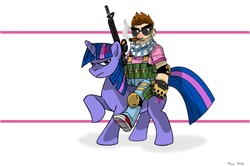 Size: 1900x1261 | Tagged: safe, artist:moealmighty, twilight sparkle, human, pony, unicorn, g4, badass, cigar, cutie mark, female, glasses, gun, hooves, horn, humans riding ponies, mare, optical sight, riding, rifle, smoke, smoking, sniper rifle, sunglasses, weapon