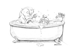 Size: 1000x701 | Tagged: safe, artist:baron engel, trixie, oc, oc:petina, duck, pony, unicorn, g4, bath, bathtub, brush, bubble, bubble bath, claw foot bathtub, female, inconvenient trixie, mare, monochrome, parody, pencil drawing, rubber duck, sketch, traditional art, wet, wet mane