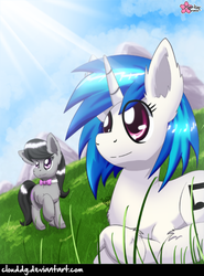 Size: 591x800 | Tagged: safe, artist:clouddg, dj pon-3, octavia melody, vinyl scratch, earth pony, pony, unicorn, g4, background pony, bowtie, crossed hooves, duo, grass, prone, raised hoof, signature, sky, sun