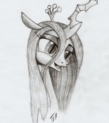 Size: 514x582 | Tagged: safe, artist:stingray-24, queen chrysalis, changeling, changeling queen, g4, crown, cute, cutealis, female, happy, jewelry, monochrome, regalia, solo, traditional art