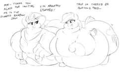 Size: 1280x800 | Tagged: dead source, safe, artist:sirmasterdufel, rainbow dash, rarity, g4, rarity investigates, explicit source, fat, grayscale, messy eating, monochrome, morbidly obese, near immobile, obese, rainblob dash, raritubby, stuffed, wardrobe malfunction