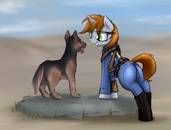 Size: 5251x4003 | Tagged: safe, artist:jetwave, oc, oc only, oc:littlepip, dog, pony, unicorn, fallout equestria, absurd resolution, boots, butt, clothes, dock, dogmeat, eyes open, fallout, fallout 4, fanfic, fanfic art, female, green eyes, grin, hooves, horn, jumpsuit, mare, open mouth, pipbuck, pipbutt, plot, smiling, solo, teeth, the ass was fat, tight clothing, tongue out, vault suit, wasteland