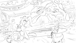 Size: 1920x1080 | Tagged: safe, artist:lightf4lls, gummy, pinkie pie, oc, oc:erin olsen, oc:sunflower, fanfic:project sunflower, g4, glomp, hug, incoming hug, monochrome, pounce