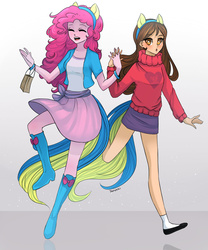 Size: 1000x1200 | Tagged: safe, artist:yanshiki, pinkie pie, human, equestria girls, bag, bill cipher, boots, clothes, crossover, disney, duo, eyes closed, gravity falls, happy, mabel pines, older, one piece, pony ears, raised leg, school spirit, shoes, signature, skirt, socks, sweater, wondercolts, wristband