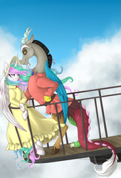 Size: 971x1427 | Tagged: safe, artist:ginja-hime, discord, princess celestia, anthro, unguligrade anthro, g4, clothes, crossover, dress, female, hat, howl's moving castle, male, ship:dislestia, shipping, sky, straight, studio ghibli