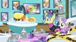 Size: 900x506 | Tagged: safe, artist:pixelkitties, chickadee, mayor mare, ms. harshwhinny, ms. peachbottom, pixel pizazz, prince blueblood, sweetie belle, g4, bagpipes o'toole, bath, bathtub, drunk, police tape, ponified, scotch, soon, toilet, vodka, votehorse