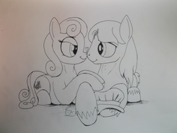 Size: 4288x3216 | Tagged: safe, artist:scribblepwn3, caboose, linky, shoeshine, earth pony, pony, g4, 30 minute art challenge, background pony, cabooseshine, female, heart, male, monochrome, pen drawing, shipping, straight, traditional art