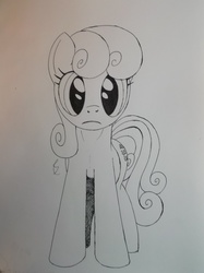 Size: 3072x4097 | Tagged: safe, artist:scribblepwn3, bon bon, sweetie drops, earth pony, pony, g4, 30 minute art challenge, female, monochrome, pen drawing, solo, traditional art, watercolor painting