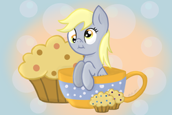 Size: 3000x2000 | Tagged: safe, artist:vcm1824, derpy hooves, pony, g4, cup of pony, female, food, high res, micro, muffin, scrunchy face, solo, teacup