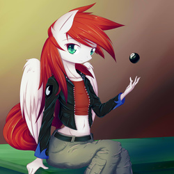 Size: 2000x2000 | Tagged: safe, artist:scynexx, oc, oc only, oc:thundercracker, pegasus, anthro, 8 ball, anime, belly button, clothes, cute, high res, leather jacket, midriff, pool table