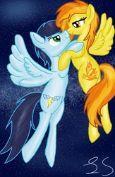 Size: 721x1109 | Tagged: safe, artist:some-pegasister, soarin', spitfire, pegasus, pony, g4, backwards cutie mark, female, flying, male, mare, night, ship:soarinfire, shipping, stallion, stars, straight