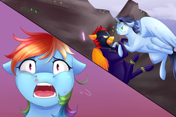 Size: 1024x683 | Tagged: safe, artist:chiweee, rainbow dash, soarin', oc, oc:rapidfire, pegasus, pony, fanfic:piercing the heavens, g4, bruised, clothes, commission, costume, drool, eye contact, fake horn, fanfic art, fight, floppy ears, glare, glowing eyes, glowing horn, gritted teeth, horn, injured, open mouth, screaming, shadowbolts, shadowbolts costume, split screen, underhoof, wide eyes, wonderbolts