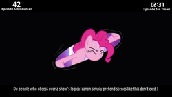 Size: 640x360 | Tagged: safe, edit, edited screencap, screencap, pinkie pie, cinemare sins, g4, magic duel, breaking the fourth wall, canon, female, no mouth, solo