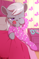 Size: 1005x1500 | Tagged: safe, artist:sion, silver spoon, earth pony, pony, g4, bed, clothes, cute, female, filly, footed sleeper, loose hair, morning ponies, one eye closed, open mouth, pajamas, silverbetes, sleepy, solo, tired, yawn