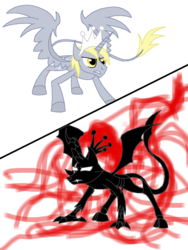 Size: 1050x1400 | Tagged: safe, artist:rexlupin, derpy hooves, alicorn, changeling, classical unicorn, pony, g4, 1000 hours in ms paint, battle for equestria, battle stance, bec noir, crossover, crown, duel, fanfic scene, fanfic spoiler, homestuck, horn, implied death, it makes sense in context, leonine tail, ms paint, peregrine mendicant, ponified, power, princess derpy, red miles, scar, scene parody, versus, xk-class end-of-the-world scenario