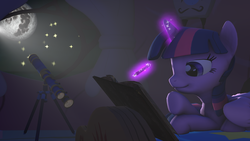 Size: 1920x1080 | Tagged: safe, artist:majorrainbow, twilight sparkle, alicorn, pony, g4, 3d, bed, female, magic, mare, mare in the moon, moon, night, pen, reading, solo, source filmmaker, telescope, twilight sparkle (alicorn)