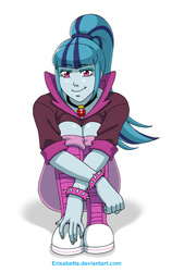 Size: 646x1021 | Tagged: safe, artist:erisabetta, sonata dusk, equestria girls, g4, female, looking at you, signature, simple background, sitting, smiling, solo