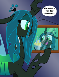 Size: 612x795 | Tagged: safe, artist:syggie, queen chrysalis, changeling, changeling queen, nymph, ask the changeling princess, g4, ask, cupcake, cute, cutealis, dialogue, duality, female, food, picture, smiling, solo, tumblr, younger