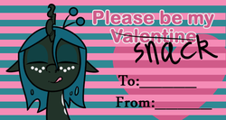 Size: 647x345 | Tagged: dead source, safe, artist:syggie, queen chrysalis, changeling, changeling queen, nymph, ask the changeling princess, g4, ask, cute, cutealis, eyes closed, female, heart, licking, licking lips, smiling, solo, striped background, text, tongue out, tumblr, valentine, younger