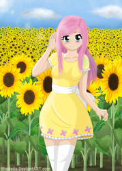 Size: 1429x2000 | Tagged: safe, artist:shadeila, fluttershy, human, g4, blushing, cute, day, female, humanized, looking at you, shyabetes, solo, sunflower