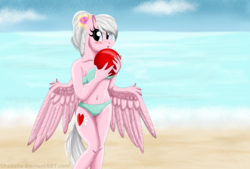 Size: 3584x2416 | Tagged: safe, artist:shadeila, oc, oc only, oc:rosey loveheart, anthro, beach, bikini, clothes, high res, solo, swimsuit