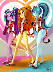 Size: 2480x3347 | Tagged: safe, artist:paradoxbroken, adagio dazzle, aria blaze, sonata dusk, equestria girls, g4, animal costume, animal ears, clothes, crossover, female, high res, josie and the pussycats, leotard, open mouth, the dazzlings