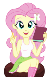 Size: 1929x2739 | Tagged: safe, artist:sumin6301, fluttershy, equestria girls, g4, book, clothes, female, looking at you, open mouth, partial nudity, pencil, schrödinger's pantsu, sideass, simple background, sitting, skirt, smiling, socks, solo, stool, tank top, transparent background