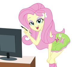 Size: 2000x1778 | Tagged: safe, artist:sumin6301, fluttershy, equestria girls, g4, bedroom eyes, clothes, counter, female, open mouth, pen, simple background, skirt, socks, solo, stupid sexy fluttershy, tank top, television, white background