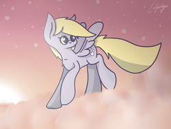 Size: 1600x1200 | Tagged: safe, artist:cecilycabbage, derpy hooves, pegasus, pony, g4, cloud, female, mare, solo, spread wings