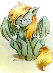Size: 1440x1990 | Tagged: safe, artist:hiro-uzumaki, derpy hooves, pegasus, pony, g4, blushing, eyes closed, female, mare, sitting, smiling, solo, spread wings, traditional art