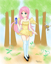 Size: 1600x2000 | Tagged: safe, discord, fluttershy, human, g4, blushing, bottle, clothes, cute, drink, forest, humanized, looking at you, signature, trolling, winged humanization