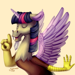 Size: 2500x2500 | Tagged: safe, artist:pellsya, discord, g4, what about discord?, alicorn wings, bust, high res, raised finger, simple background, solo, twilight wig, wig, wings, yellow background