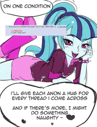 Size: 690x900 | Tagged: safe, artist:paradoxbroken, sonata dusk, equestria girls, g4, 4chan, blushing, female, flirting, looking at you, prone, solo