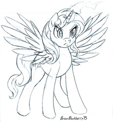 Size: 794x861 | Tagged: safe, artist:brianblackberry, sunset shimmer, alicorn, pony, g4, alicornified, female, frown, magic, monochrome, race swap, shimmercorn, sketch, solo, spread wings