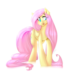 Size: 3720x4000 | Tagged: safe, artist:discosweetruletik, fluttershy, pony, g4, female, silly, silly pony, simple background, solo, tongue out