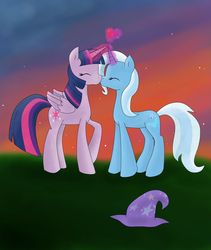 Size: 1024x1215 | Tagged: safe, artist:jult840, trixie, twilight sparkle, alicorn, pony, unicorn, g4, duo, eyes closed, female, heart, kiss on the lips, kissing, lesbian, mare, ship:twixie, shipping, twilight sparkle (alicorn)