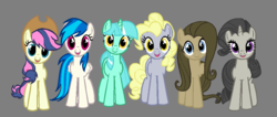 Size: 928x392 | Tagged: safe, artist:princess-giuly-frost, color edit, edit, applejack, bon bon, derpy hooves, dj pon-3, doctor whooves, fluttershy, lyra heartstrings, octavia melody, pinkie pie, rainbow dash, rarity, sweetie drops, time turner, twilight sparkle, vinyl scratch, earth pony, pony, g4, background six, colored, male, mane six, palette swap, simple background, stallion