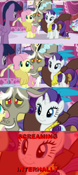 Size: 1920x4308 | Tagged: safe, screencap, discord, fluttershy, rarity, twilight sparkle, alicorn, pony, g4, what about discord?, female, mare, meme, screaming, screencap comic, smiling, twilight sparkle (alicorn), x internally