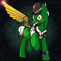 Size: 720x720 | Tagged: safe, artist:scribblepwn3, oc, oc only, oc:clockwork green, earth pony, pony, artificial wings, augmented, bowler hat, digital art, evil smile, fake wings, hat, inventor, mad scientist, mechanical wing, solo, steampunk, wings