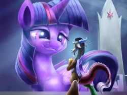 Size: 1500x1121 | Tagged: safe, artist:tsitra360, discord, twilight sparkle, alicorn, draconequus, pony, g4, what about discord?, cute, discute, female, male, mare, micro, pleading, scene interpretation, shrunk, size difference, smiling, twilight sparkle (alicorn)